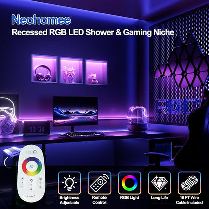 12X12 RGB Shower Niche, Brushed Nickel Stainless Steel LED Wall Niche, No Tile Needed Recessed Storage for Bathroom Storage Built-in Installation