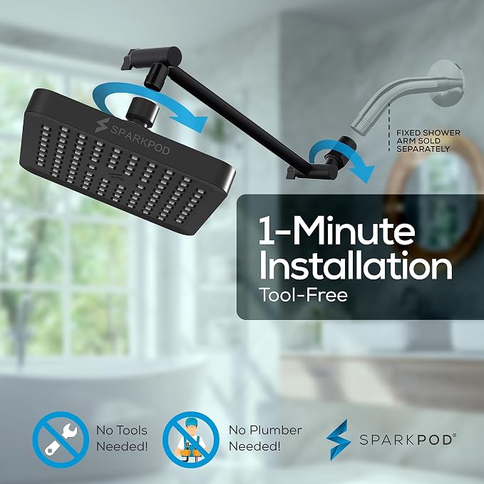 SparkPod 6" Square Rain Shower Head with 11" Shower Arm | Shower Head & Extension Arm Combo, Height Adjustable, High Pressure Performance, Easy 1-Minute Installation, Black Matte