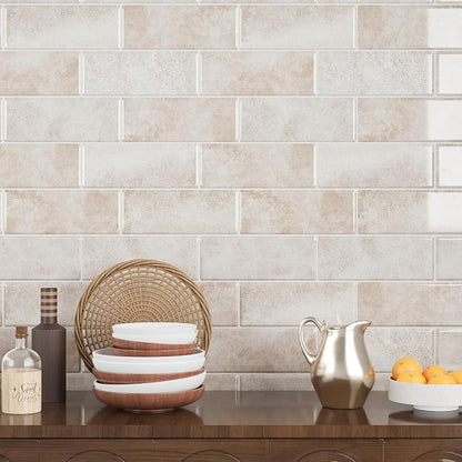VEELIKE Beige Peel and Stick Subway Tile Backsplash Waterproof Stick on Backsplash Tiles for Kitchen 12 Sheets 12''x12'' Self Adhesive Renter Friendly Beige Wall Tile Sticker for Bathroom Laundry Room