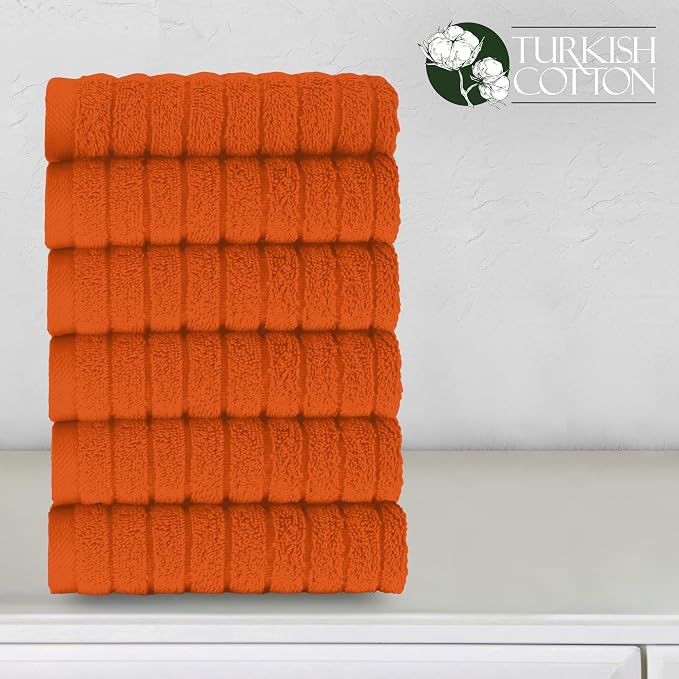 Elegant Comfort 100% Turkish Cotton Corduroy Ribbed Luxury Washcloths 6 Pack Soft 13 x 13 Inch - Higly Absorbent, Durable, Quick Dry, Spa Premium Hotel Quality for Bathroom or Travel, Orange