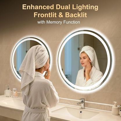 30 Inch Round LED Bathroom Mirror with Lights, Circle Lighted Vanity Mirror | Smart Anti-Fog, Dimmable 3 Color Modes, Backlit+Frontlit, Memory Function, HD Tempered Glass, Touch Sensor