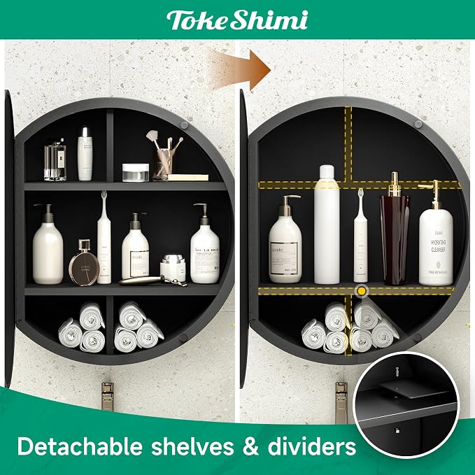 TokeShimi 26x26 Round Medicine Cabinet for Bathroom,Black Circle Bathroom Medicine Cabinet with Mirror,Surface Mount Only Detachable Shelves Circular Vanity Shatterproof Mirror with Storage