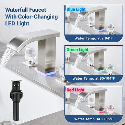 Bathroom Faucet 3 Hole Widespread with LED Temperature Display & Waterfall Spout, Brushed Nickel Modern Vanity Faucet for Bathroom Sink, 8 Inch Touch On 2 Handle Crystal
