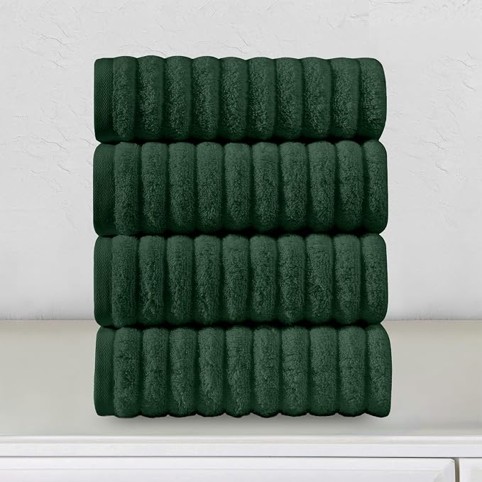 Elegant Comfort Luxury 100% Turkish Cotton Corduroy Ribbed 4 Pack Hand Towel Set 16 x 28 Inch - Absorbent, Super Soft, Quick Dry, Premium Towels for Bathroom, Gym, Spa and Hotel Use, Hunter Green