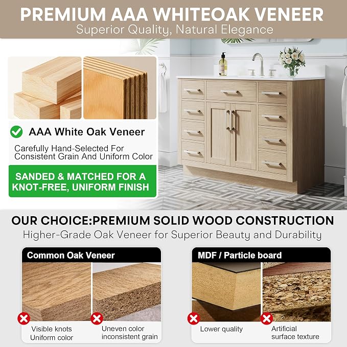 48-Inch Bathroom Vanity with Sink W/ 2 Doors & 8 Drawers & 1 Flip Drawer, Oak Vanity W/Brushed Nickel Handles
