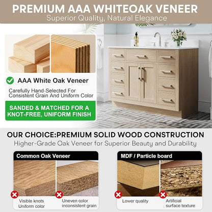 48-Inch Bathroom Vanity with Sink W/ 2 Doors & 8 Drawers & 1 Flip Drawer, Oak Vanity W/Brushed Nickel Handles