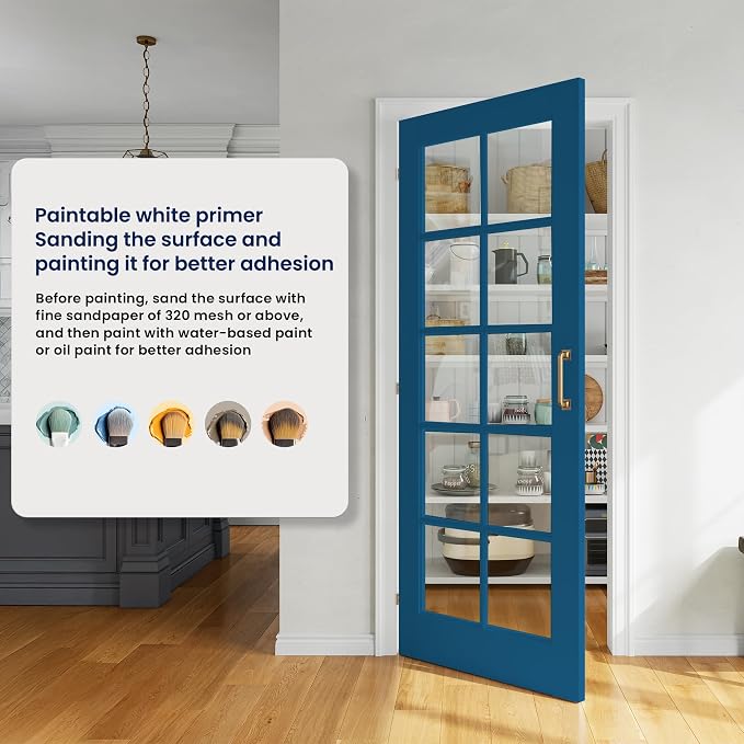 SMARTSTANDARD 48" x 80" Clear Glass French Interior Solid Core Door Slab | 10-Lite Glass Pantry Door for Bathroom Laundry Pocket, Pre-Assembled Panel without Hardware, White Primed