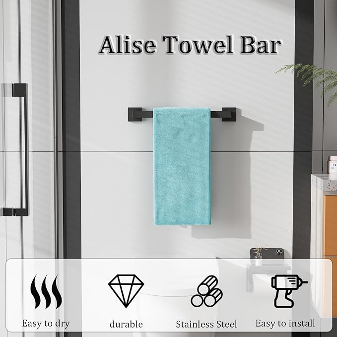 Alise Towel Bar Towel Racks for Bathroom Wall Mount 16 Inch,Matte Black | SUS304 Stainless Steel Bathroom Towel Holder, Full Square Towel Rod Towel Hanger for Bathroom Lavatory Kitchen