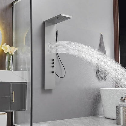 Shower Panel Tower System, Rainfall Shower Head Handheld Shower Wand Multi-Function Shower Panel with Large Area Massage Jets for Home Hotel, Brushed Nickel