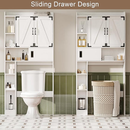 ChooChoo Over The Toilet Storage Cabinet, Farmhouse Bathroom Storage Cabinet with Sliding Door, Over Toilet Storage with Adjustable Shelves, Space-Saving, Antique White