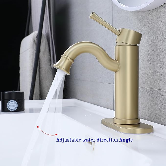 Bropury Hot and Cold Mixed Water Bathroom Sink Faucet, Single Handle 1 or 3 Hole Stainless Steel Vanity Faucet for Bathroom Sink (Contemporary, Brushed Gold)