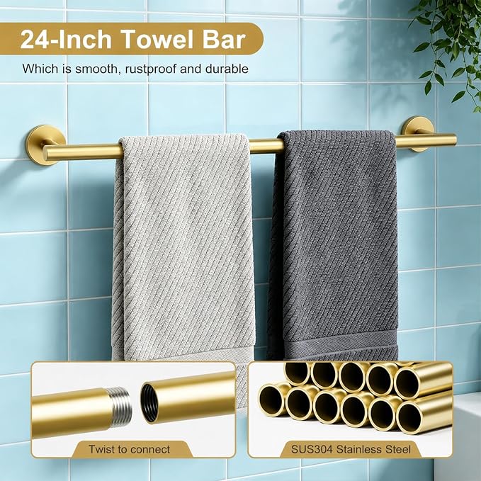 Brushed Gold Bathroom Accessories Set, 6 Pieces Bathroom Hardware Set Gold Bathroom Set, 24 Inch Towel Racks for Bathroom, SUS304 Stainless Steel Bath Towel Bar Set Toilet Paper Holder Wall Mounted