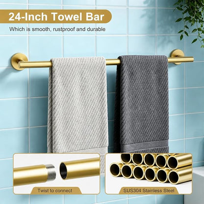 Brushed Gold Bathroom Accessories Set, 6 Pieces Bathroom Hardware Set Gold Bathroom Set, 24 Inch Towel Racks for Bathroom, SUS304 Stainless Steel Bath Towel Bar Set Toilet Paper Holder Wall Mounted
