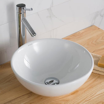 KRAUS Elavo Round Vessel White Porcelain Ceramic Bathroom Sink, 16 inch KCV-141