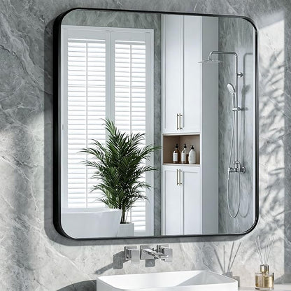 Bathroom Mirror 40"x40" Matte Black Rectangle Bathroom Wall Mirror for Over Sink, Modern Large Vanity Mirror, HD Tempered Glass, Anti-Rust Aluminum Alloy Frame, for Living Room, Bedroom, Entryway