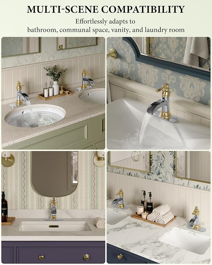 Bathroom Faucet Waterfall Sink Faucets Bathroom Widespread Single Handle | Chrome and Gold for 1 or 3 Holes Rustic Vanity Farmhouse with Pop-up Drain Deck Plate Hose by Homevacious