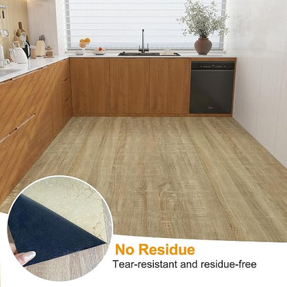 Countewol Stick Vinyl Flooring Roll, Light Oak Wood Grain Self Adhesive PVC Floor Sheet, Waterproof, Scratch Resistant & Removable Vinyl Floor Covering for Kitchen, Bedroom, RV, Apartment DIY
