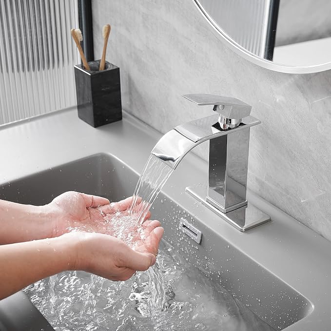 Bathroom Faucet Single Handle Waterfall Bathroom Sink Faucets | Waterfall Spout,Stainless Steel,with Sink Drain Assembly and Basin Plate,Deck Mount,for Lavatory Vanity Sink,Chrome