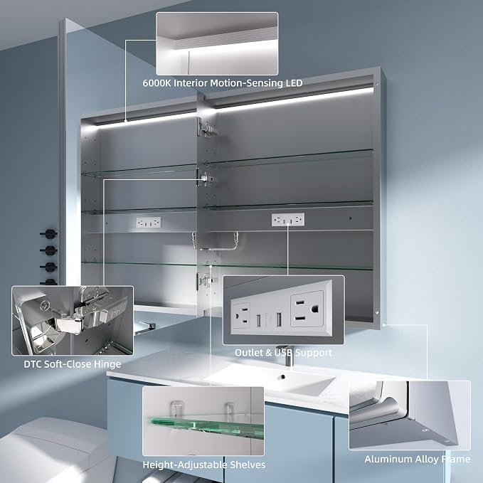 LED Medicine Cabinet 24x30 Anti-Fog Mirror Dimmable Recessed Mount | 3 Color Dimmable LED. Time Temp Display. Anti-Fog IP44. 2 Outlets+2 USB. Plug-in/Hardwired. Recessed/Wall Mount. Left Hinge