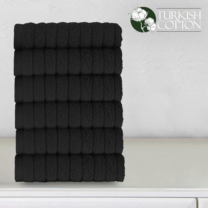 Elegant Comfort 100% Turkish Cotton Corduroy Ribbed Luxury Washcloths 6 Pack Soft 13 x 13 Inch - Higly Absorbent, Durable, Quick Dry, Spa Premium Hotel Quality for Bathroom or Travel, Black