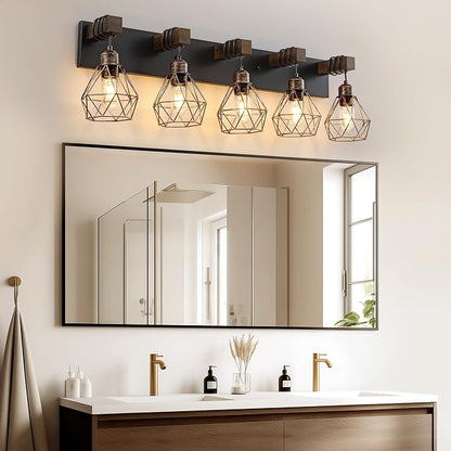 VbiTmn Black Gold Bathroom Light Fixtures, 5-Light Farmhouse Vanity Light | Wood Vanity Lights, Rustic Wall Mount Over Mirror for Bedroom & Hallway, Easy to Install, Sturdy Build for Bathroom Use