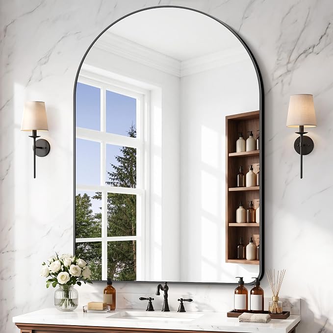 BONEWEI Arched Wall Mirror,55x40 inch Black Arched Mirror Bathroom,Large Vanity Mirror for Over Sink Metal Frame,Tempered Glass Arch Mirrors for Bedroom,Entryway,Living Room,Home Decor Shatter-Proof
