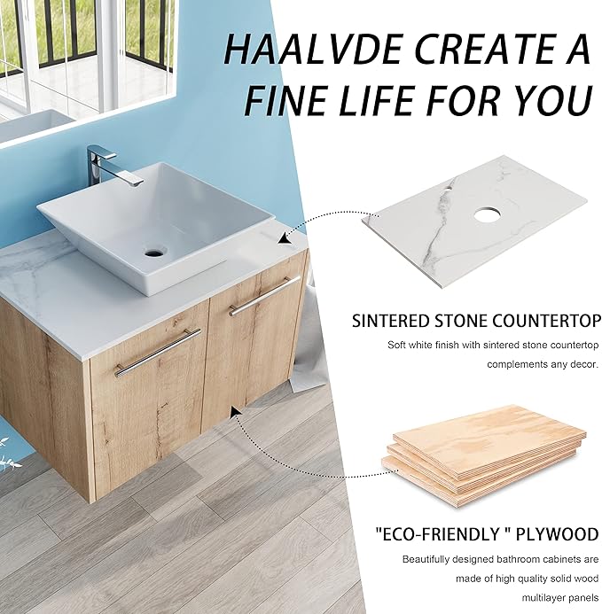 30" Floating Vanity with Sink, 30 Inch Bathroom Vanity with Sink, Modern Plywood Floating Cabinet with Sintered Stone Countertop and White Ceramic Basin, Soft Close Doors