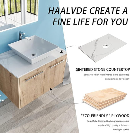 30" Floating Vanity with Sink, 30 Inch Bathroom Vanity with Sink, Modern Plywood Floating Cabinet with Sintered Stone Countertop and White Ceramic Basin, Soft Close Doors