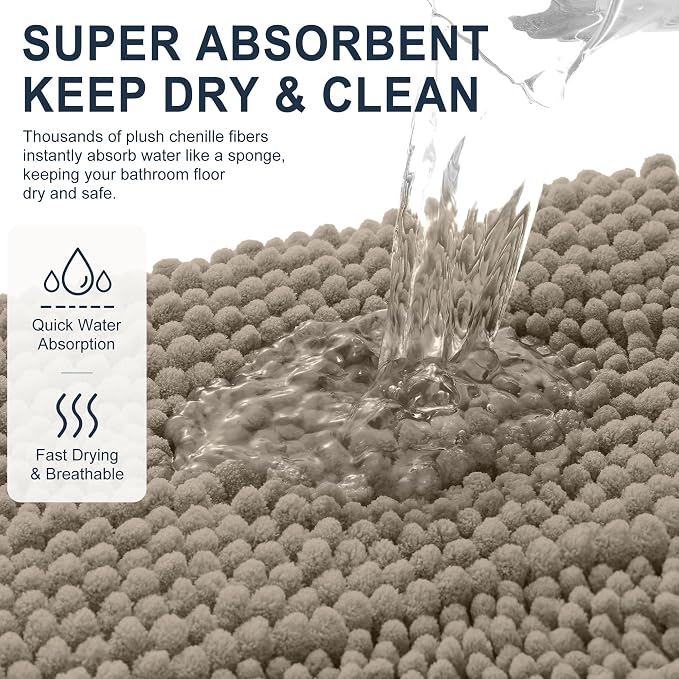Smiry Thick Small Chenille Bathroom Rugs 24x16, Soft Bath Mat, Warm Taupe | Quick‑Dry & Machine Washable, Non‑Slip Bath Carpet, Striped Bath Rugs for Tub & Shower, Modern Home Decor Accessories