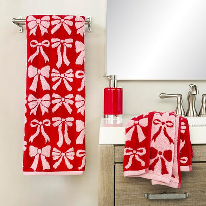 SKL Home Christmas Bow Hand Towel Set-2pc, 100% Cotton Jacquard, Red/Pink | 500 GSM. Soft, absorbent & reversible. For use in the bathroom, kitchen, or bar. Fun for Valentine's décor & holiday gifting.