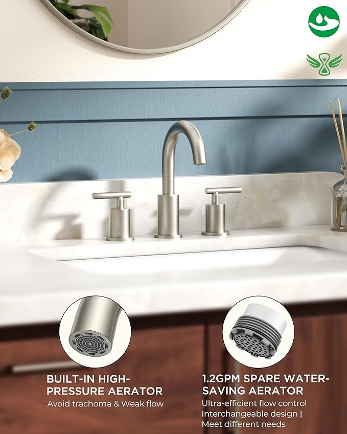 FORIOUS Brushed Nickel Bathroom Faucet 3 Hole Vanity with Metal Pop Up Drain and 24" Supply Lines, 2 Handle 8 Inch Widespread Faucet for Bathroom Sink 3 Hole Brushed Nickel with 360° Swivel Spout