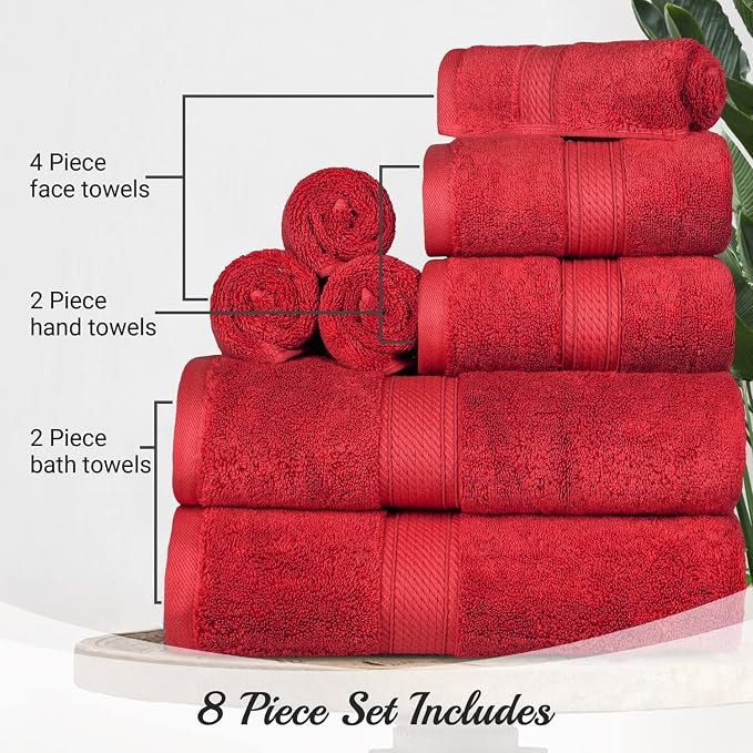 SUPERIOR Egyptian Cotton Ultra Plush & Absorbent, 8 Piece Set, Red | Quick Dry, Soft Luxury Towel Set, Bath Essentials, Guest Bath, Spa, 2 Bath, 2 Hand, 4 Face Towels, Madeline Towels