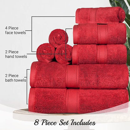 SUPERIOR Egyptian Cotton Ultra Plush & Absorbent, 8 Piece Set, Red | Quick Dry, Soft Luxury Towel Set, Bath Essentials, Guest Bath, Spa, 2 Bath, 2 Hand, 4 Face Towels, Madeline Towels