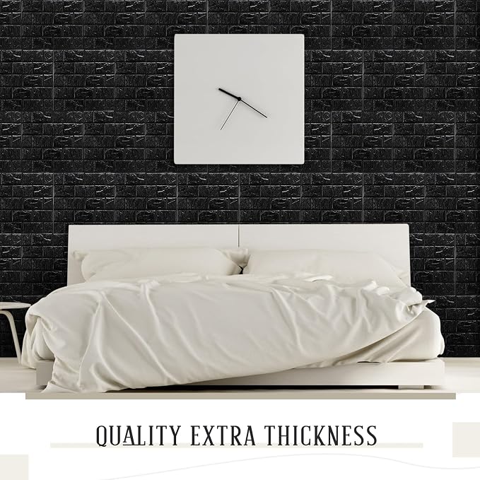 30 Pcs 3D Wall Panels Peel and Stick Wallpaper Foam, Black | Faux Brick Stone Tiles, Covering 28.8-48.4 Sq ft, Self Adhesive Waterproof Panels for Bedroom Living Room Kitchen Walls