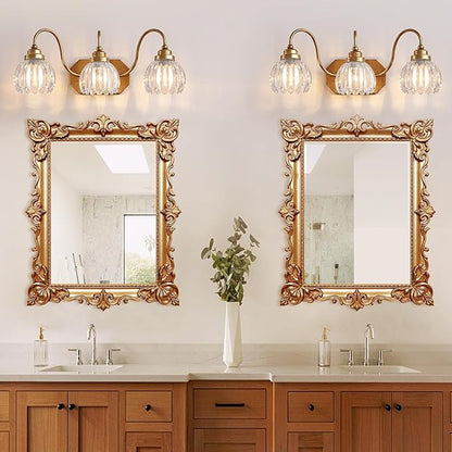 Gold Vanity Light, Vintage Bathroom Light Fixtures, 3-Light Matte Antique Brass Finish with Crystal Glass Shade, Mid Century Style Wall Sconces for Bedroom, Living Room