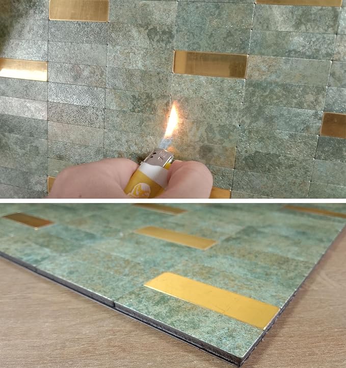 XUANINY Peel and Stick Tile Backsplash Self- Adhesive Wall Tiles Aluminum Mosaic Sticker for Kitchen (11.33"x11.92" Per Sheet, Pack of 10 pcs) (Golden Green 10)