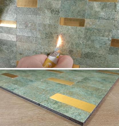 XUANINY Peel and Stick Tile Backsplash Self- Adhesive Wall Tiles Aluminum Mosaic Sticker for Kitchen (11.33"x11.92" Per Sheet, Pack of 5 pcs) (Golden Green 5)