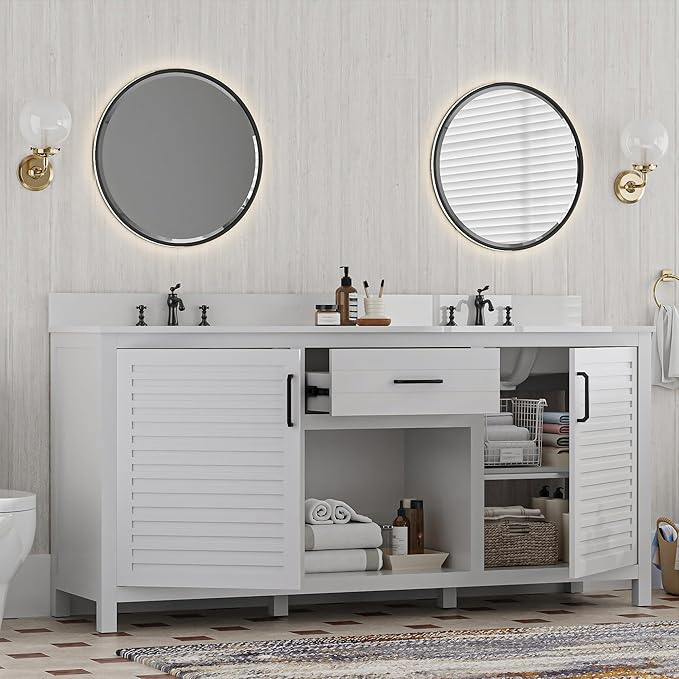 72" White Double Sink Bathroom Vanity with Quartz Countertop | Pre-Assembled Freestanding Bathroom Vanity Cabinet with Dual cUPC Ceramic Basins & Soft Close Doors