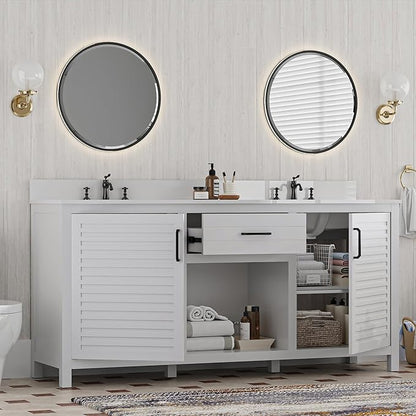 72" White Double Sink Bathroom Vanity with Quartz Countertop | Pre-Assembled Freestanding Bathroom Vanity Cabinet with Dual cUPC Ceramic Basins & Soft Close Doors