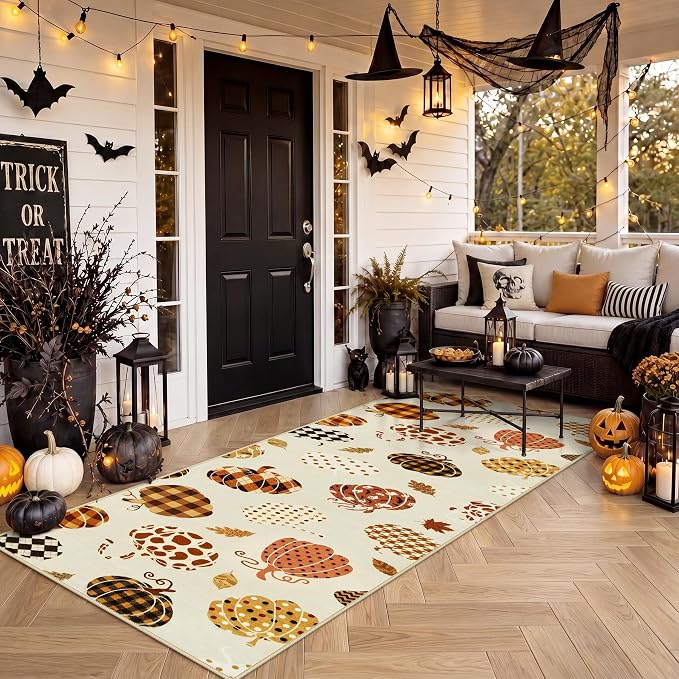 2.5x8 Beige Halloween Fall Pumpkin Hallway Runner Rug for Kitchen Entryway | Washable Non-Slip Low-Pile Autumn Thanksgiving Rug for Hallway, Front Door, Bedroom, Bathroom, Halloween Home Decor Rug