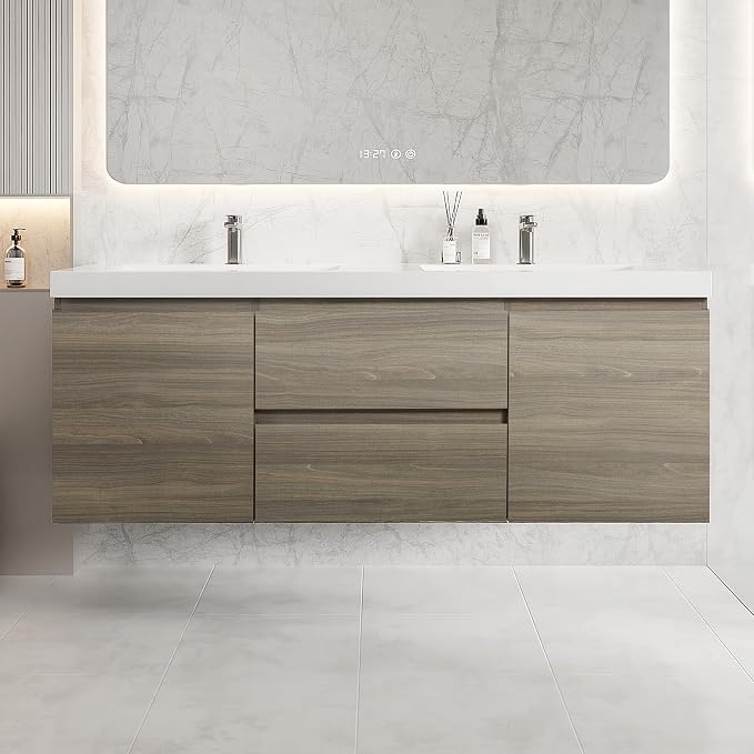 60 Inch Floating Bathroom Vanity with Double Sink, Large Storage Wall Mounted Floating Vanity with Soft Close Drawers, One-Piece Basin Bathroom Sink Cabinet (Ash Grey, 60 Inch Double Sink)