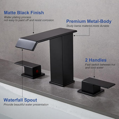 Bathroom Faucet 3 Hole Black 8 inch Widespread Waterfall with Pop Up Drain | 2 Handle Bathroom Sink Faucet with Water Supply Hoses Modern Vanity Lavatory Basin Faucet Commercial