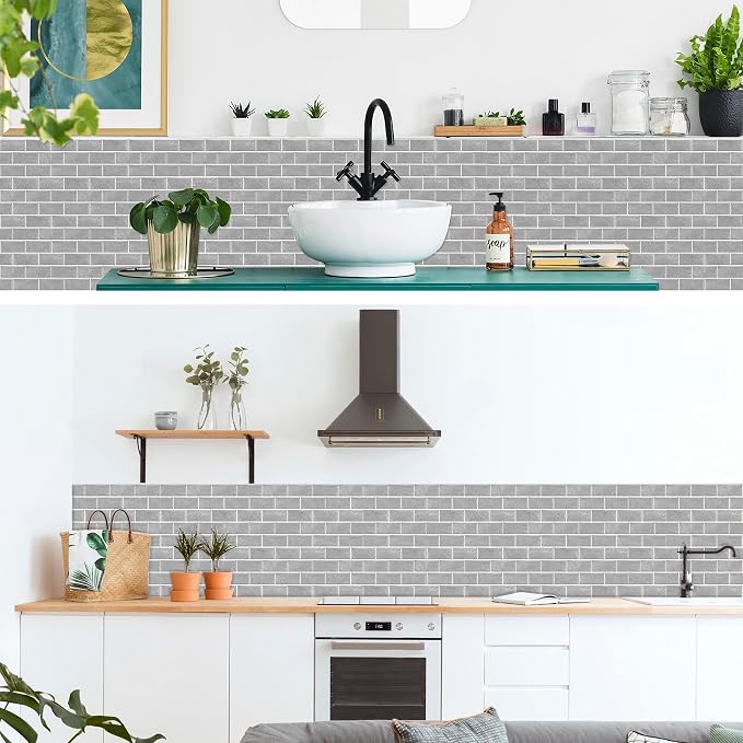 12-Sheet Grey Peel and Stick Wallpaper, Subway Tile 6''x12'' Self Adhesive Wall Tiles Waterproof PVC Stick on Backsplash Vinyl Decorative Tiles Stickers for Kitchen Bathroom