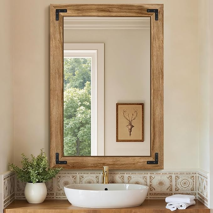 Bathroom Mirror for Wall, 26" x 38" Wooden Vanity Mirror | Solid Wood Frame, Rustic Farmhouse Style, Shatterproof Glass, for Bedroom, Living Room, Entryway Decor, Vertical/Horizontal