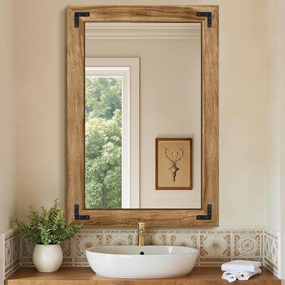 Bathroom Mirror for Wall, 26" x 38" Wooden Vanity Mirror | Solid Wood Frame, Rustic Farmhouse Style, Shatterproof Glass, for Bedroom, Living Room, Entryway Decor, Vertical/Horizontal