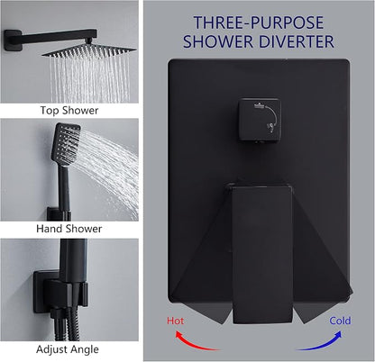 8 Inch Shower System with Tub Spout, Black Shower Faucet Set for Bathroom, Square High Pressure Shower Head, 2-Setting Handheld Faucets Sets, Wall Mounted Rainfall Shower Valve Kit
