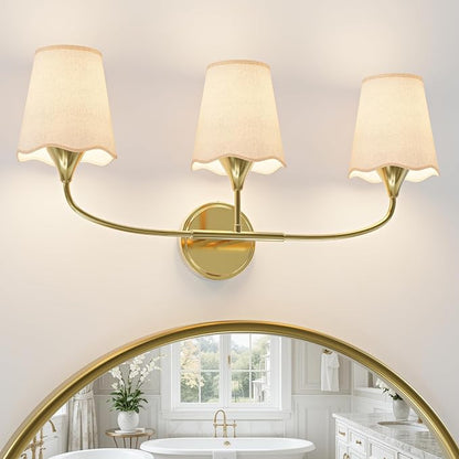 Morauroral Bathroom Light Fixtures, 3 Light Gold Vanity Light for Bathroom, Modern Sconce Wall Light with Scalloped Linen Fabric Shade, Rustic Vanity Light Fixtures for Mirror, Living Room(ETL Listed)