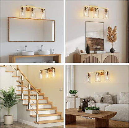 PARTPHONER 3-Light Bathroom Light Fixtures, Brushed Gold Vanity Light with Clear Glass Shade, Modern Wall Sconce for Mirror Bedroom Living Room Hallway Lighting
