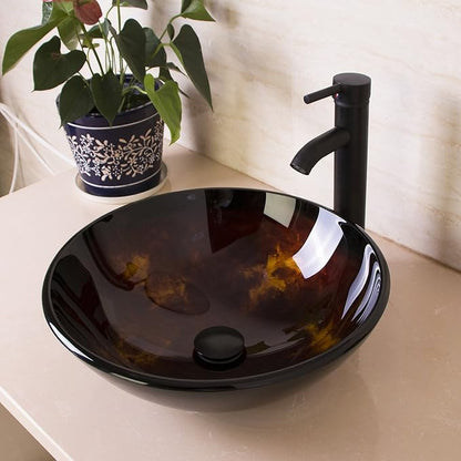 wonline Round Artistic Tempered Glass Bathroom Vessel Sink Combo Oil Rubbed Bronze Faucet and Drain Basin
