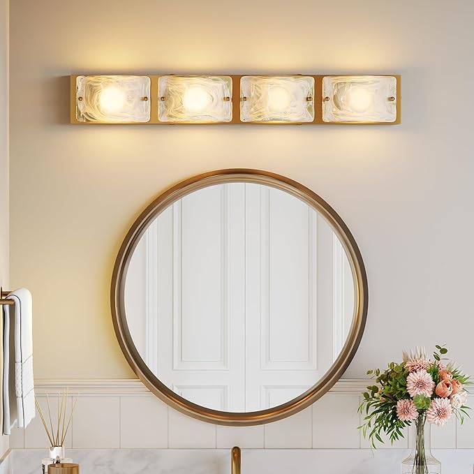 Tribesigns 4-Light Vanity Fixtures, Curved Cloud Glass Lampshades Gold Copper Plate, Modern Bathroom Wall Lighting Fixtures Over Mirror, 3CCT LED Vanity Lights (29-Inch, 3000K/4000K/5000K, Dimmable)